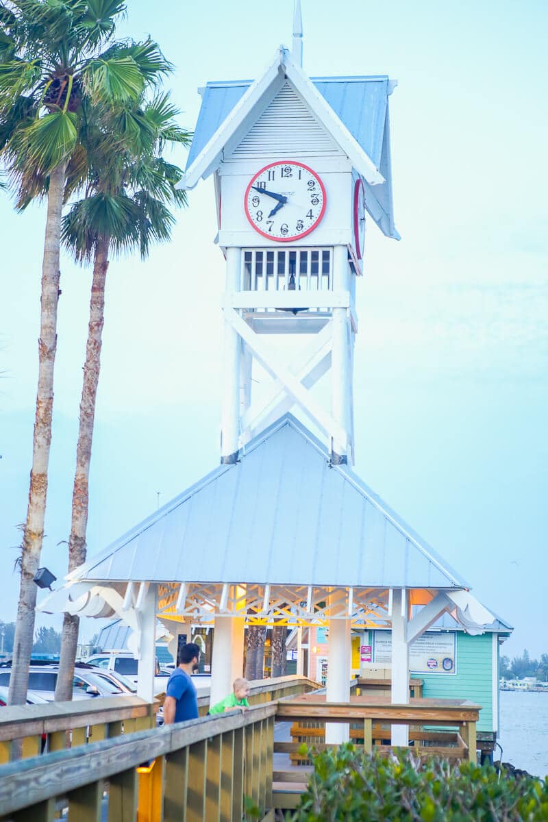 Clock tower above Bridge Street pier