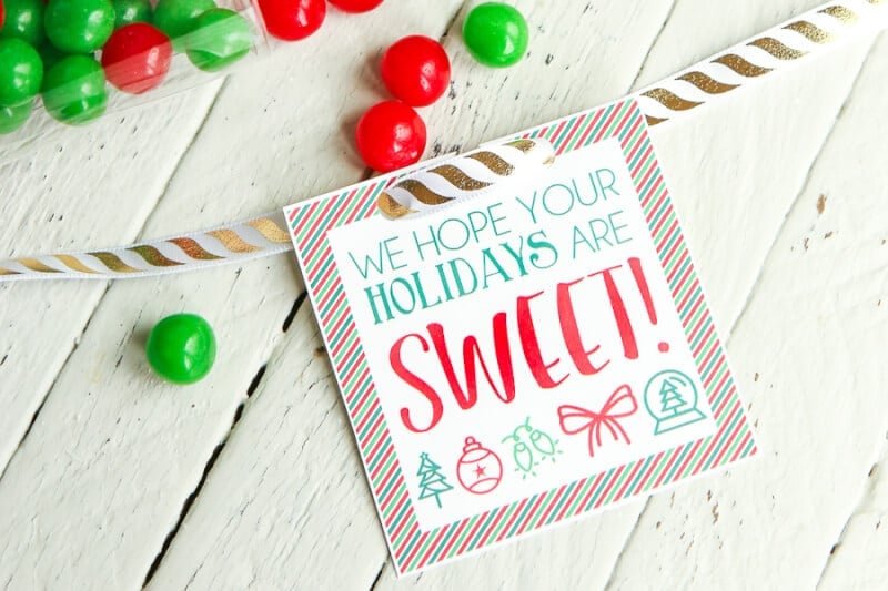 Free printable holiday gift tags - just add to a container full of treats and wish someone a sweet holiday! One of the easiest DIY gifts around. 