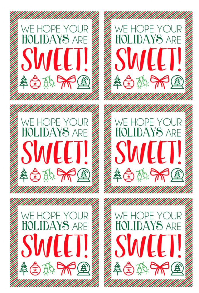 Free printable holiday gift tags - just add to a container full of treats and wish someone a sweet holiday! One of the easiest DIY gifts around. 