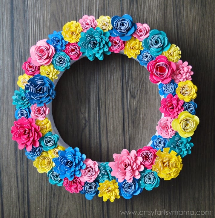 Paper flower wreath made with the Cricut Explore Air