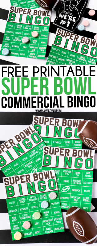 These Super Bowl commercial bingo cards are one of the best Super Bowl party games ever! Just print out the printables, hand out on Super Bowl Sunday, watch the funny (and not so funny commercials) and plays! One of our favorite Super Bowl party ideas!