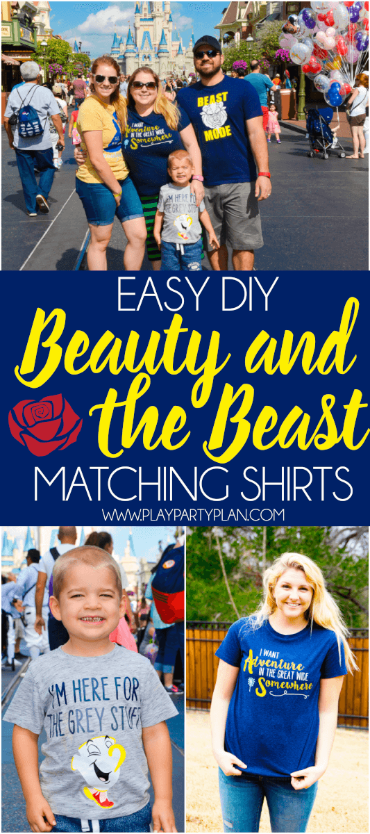 These easy DIY Beauty and the Beast shirts are perfect for a trip to Disney, for a Beauty and the Beast party, or to wear to the new Beauty and the Beast movie! With Belle, Chip, and Beast options there's something for couples, for kids, and for women who want to be like Belle!