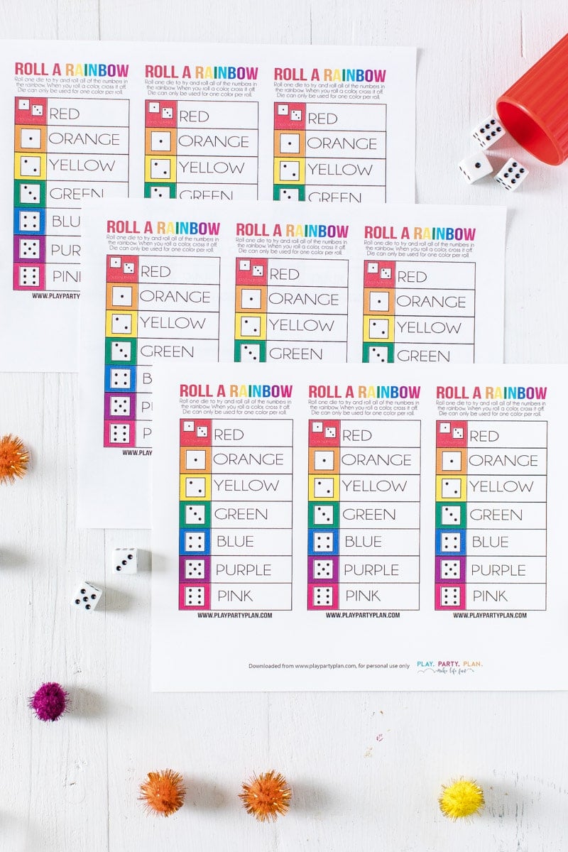 Free printable roll a rainbow St. Patrick's Day game