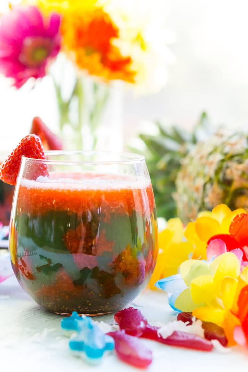 This easy mocktail recipe is inspired by Te Fiti in the movie Moana. With a little sweet strawberry puree mixed with tropical juices, it's the best mocktail for all ages!