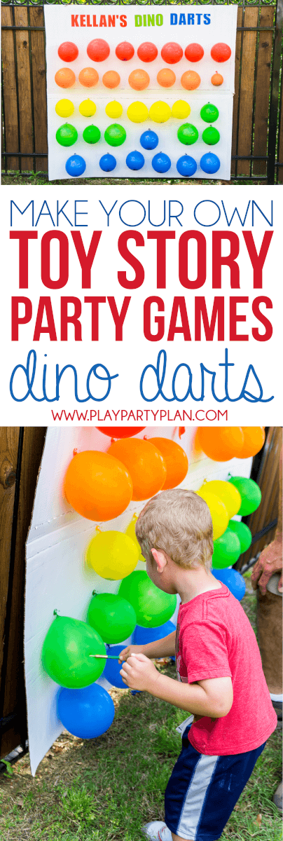 Make your own Toy Story Midway Mania games at home with this fun outdoor games tutorial! Love the idea of this flying dino darts balloon dart game like the one in Toy Story Mania!