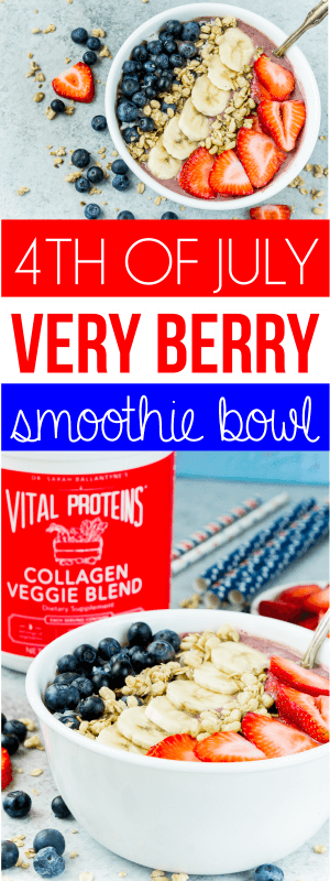 This red white and blue very berry smoothie bowl recipe is not only an easy and healthy breakfast option but also delicious! Add frozen strawberry, a little veggie protein powder, and your favorite berry for one great recipe!