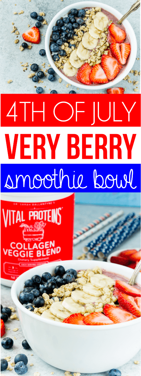 This red white and blue very berry smoothie bowl recipe is not only an easy and healthy breakfast option but also delicious! Add frozen strawberry, a little veggie protein powder, and your favorite berry for one great recipe!