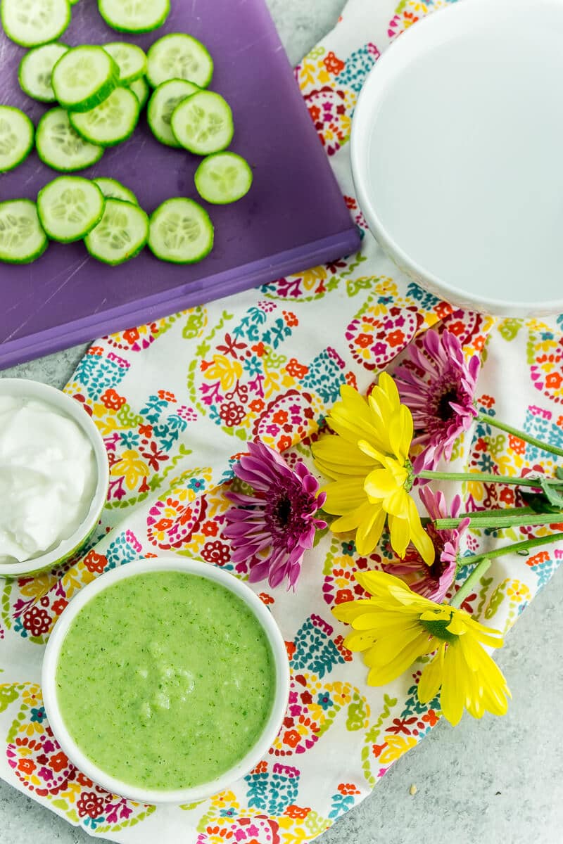Cucumber face mask made with cucumber, honey, and yogurt!