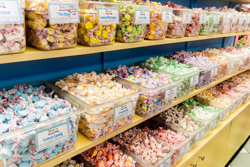 Hundreds of flavors of Taffy at Zeno's Boardwalk Sweet Shop, one of the most popular Daytona Beach restaurants!