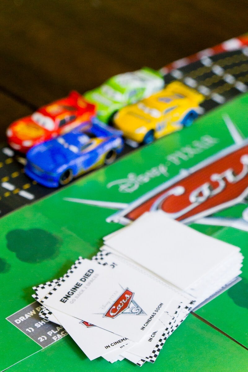 Fun question cards in the Disney Pixar Cars 3 printable board game