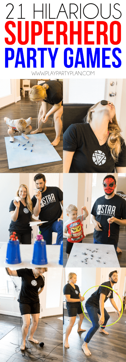 These superhero minute to win it games are the absolute best superhero party games for kids or for adults! Even my toddler loved playing games inspired by his Marvel favorites! Some use food, some are games you DIY, and some even include an obstacle course! And best of all, you can use these minute to win it games as non superhero versions too for a superhero game night!