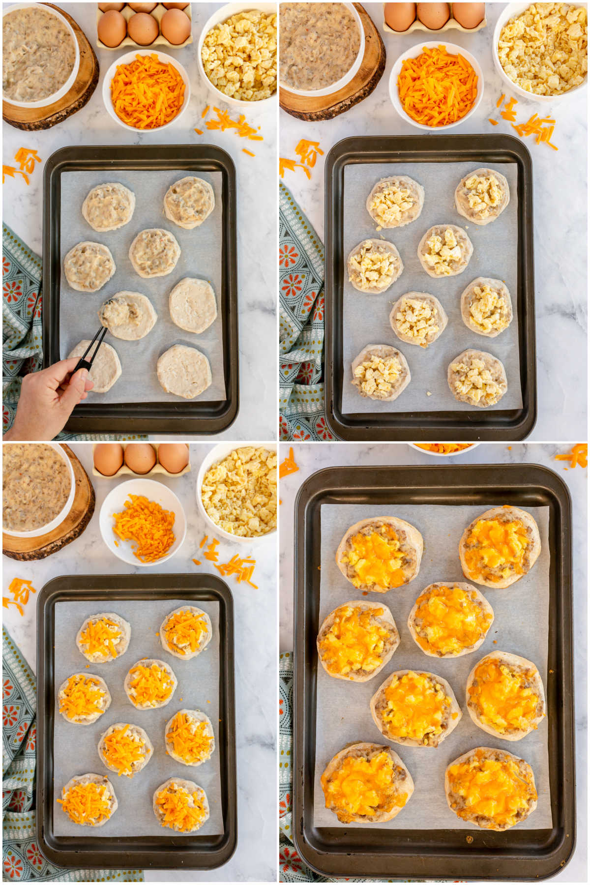collage showing biscuits and gravy pizza instructions
