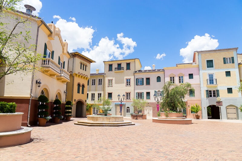 The courtyard at Loews Portofino Bay Hotel is perfect for relaxing