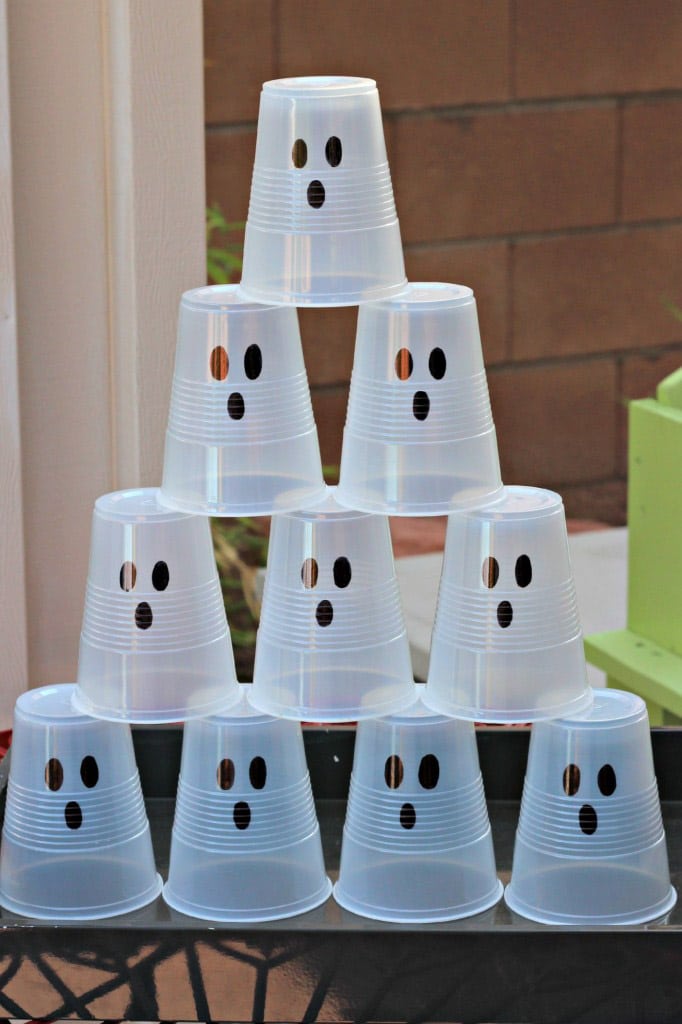 Ghost cups lined up for one of the most fun Halloween games