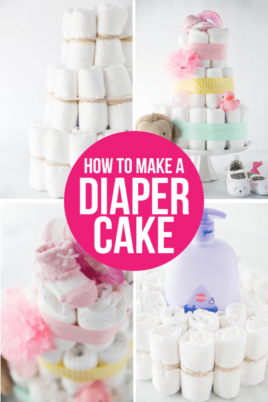 A simple DIY diaper cake tutorial showing you in photos and video how to make a diaper cake as well as other great diaper cake ideas! Learn how to make an easy diaper cake in just a few minutes.