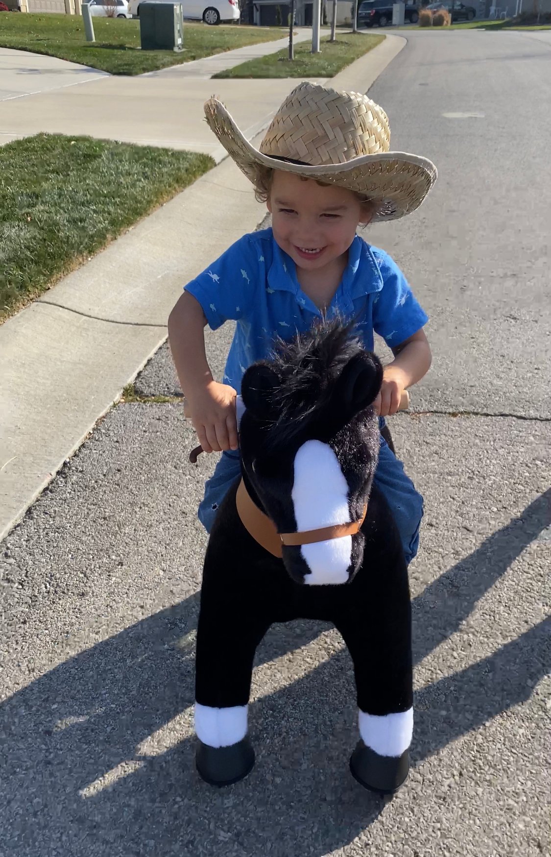 toddler boy sitting on a ponycycle