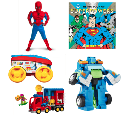 collage of superhero toys for boys