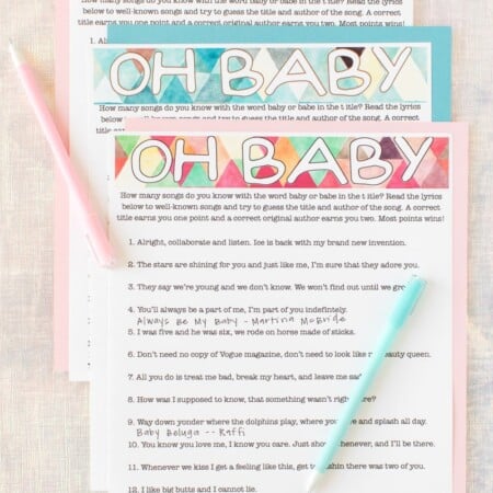 Printable baby shower songs game with pen