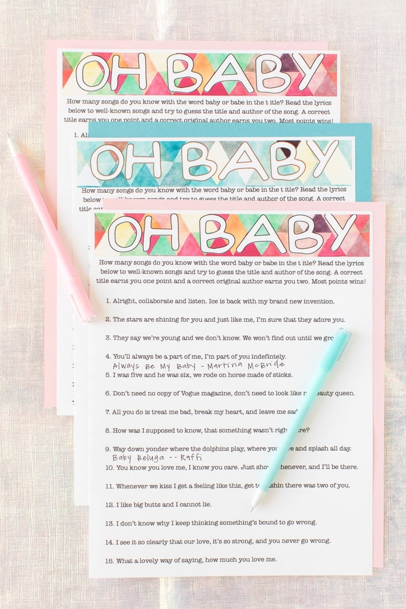 Printable baby shower songs game with pen