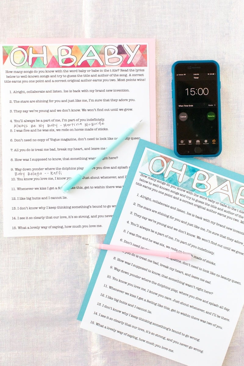 Printable baby shower songs game with a timer