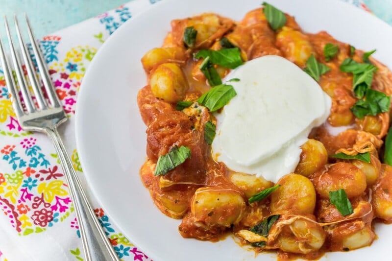 A delicious gnocchi tomato sauce with fresh mozzarella