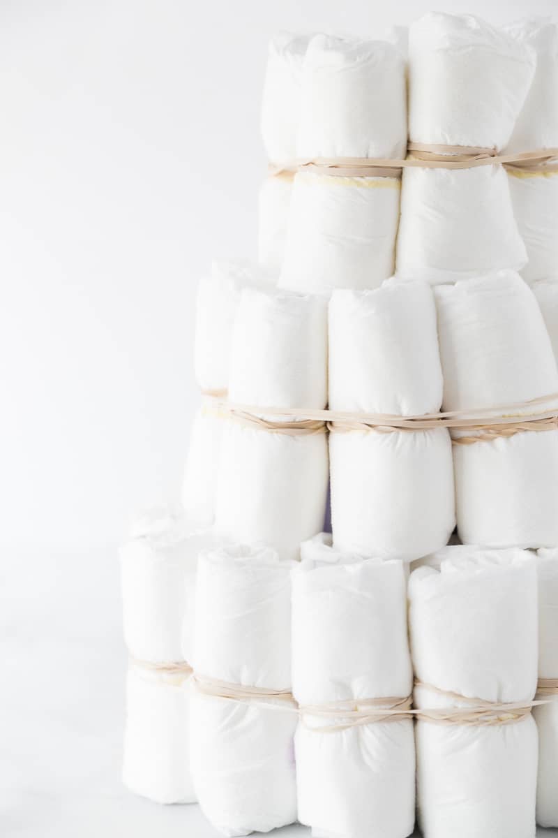 A close-up shot in a DIY diaper cake tutorial