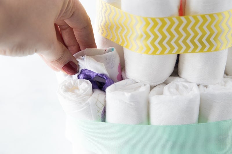 Hiding surprises in a DIY diaper cake
