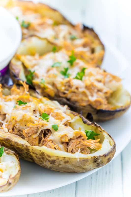 This buffalo chicken potato skins recipe is healthier than getting them at a restaurant