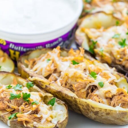 Delicious potato skins stuffed with buffalo chicken