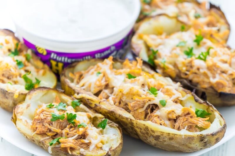 Delicious potato skins stuffed with buffalo chicken