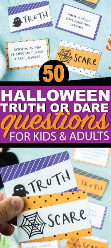 Fun Halloween inspired truth or dare questions! Perfect for teens, for kids, for girls, and for boys! Everyone will love this Halloween truth or scare version of the classic truth or dare game! And bonus - all of the truth or dare questions are clean. Perfect for some Halloween family fun!