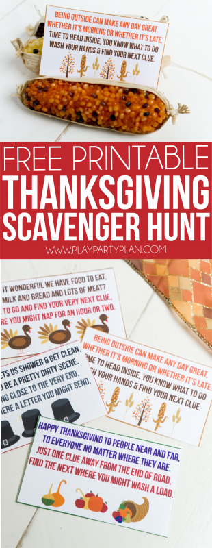 Love these Thanksgiving scavenger hunt ideas for kids! It’s easy! Just print out the clues that send kids around the home and outdoor and see what they can find using the riddles on the printable cards! Perfect for preschoolers, for toddlers, or for family night activities! Definitely one of the cutest Thanksgiving games!