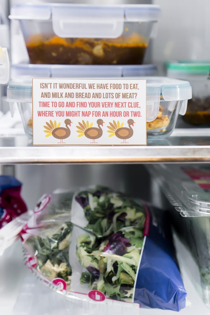 A Thanksgiving scavenger hunt clue hidden in the fridge