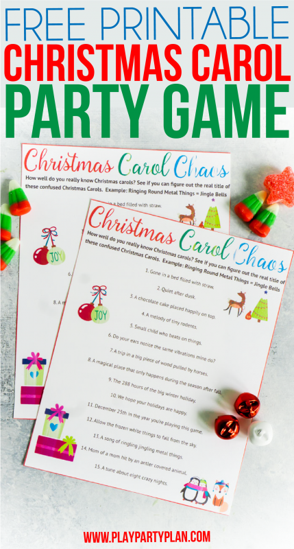 A fun printable Christmas party game where you have to figure out mixed up Christmas songs! One of the best Christmas party games ever!