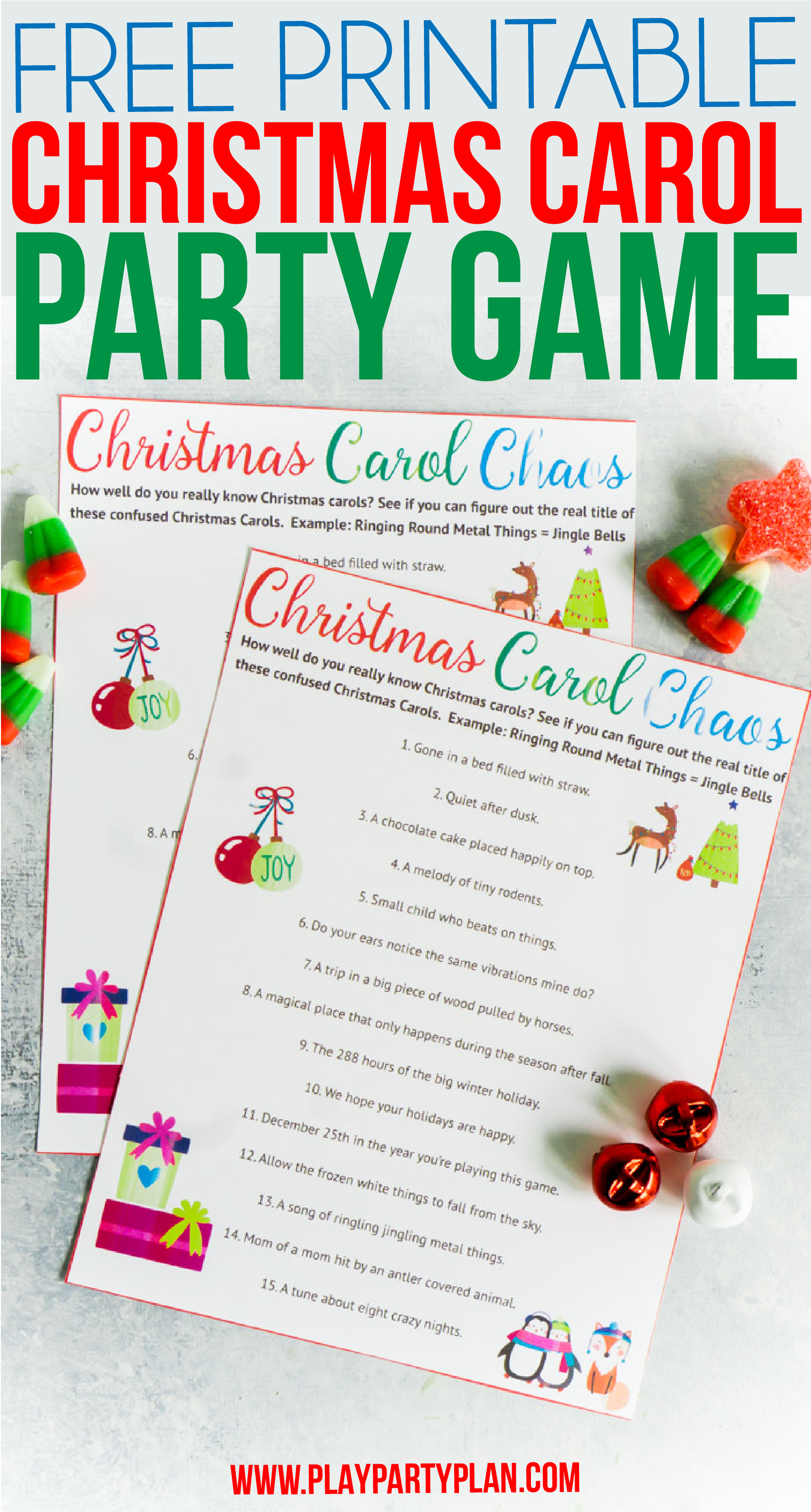 A fun printable Christmas party game where you have to figure out mixed up Christmas songs! One of the best Christmas party games ever!