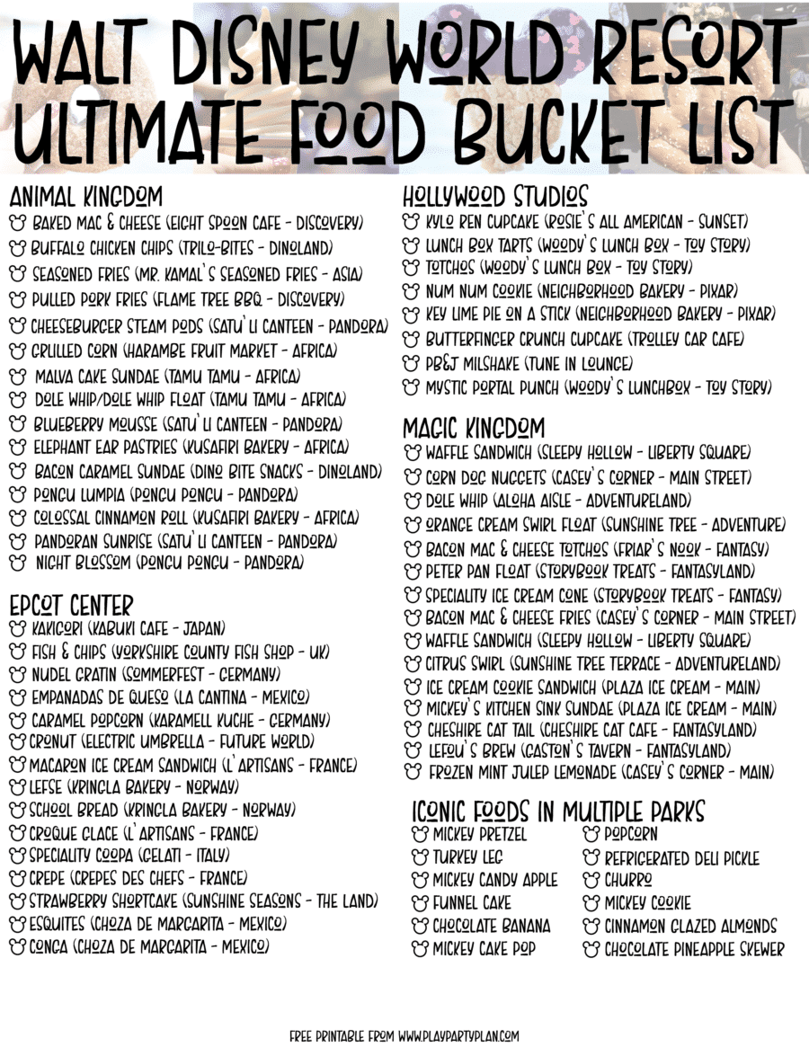 Printable Disney snacks list