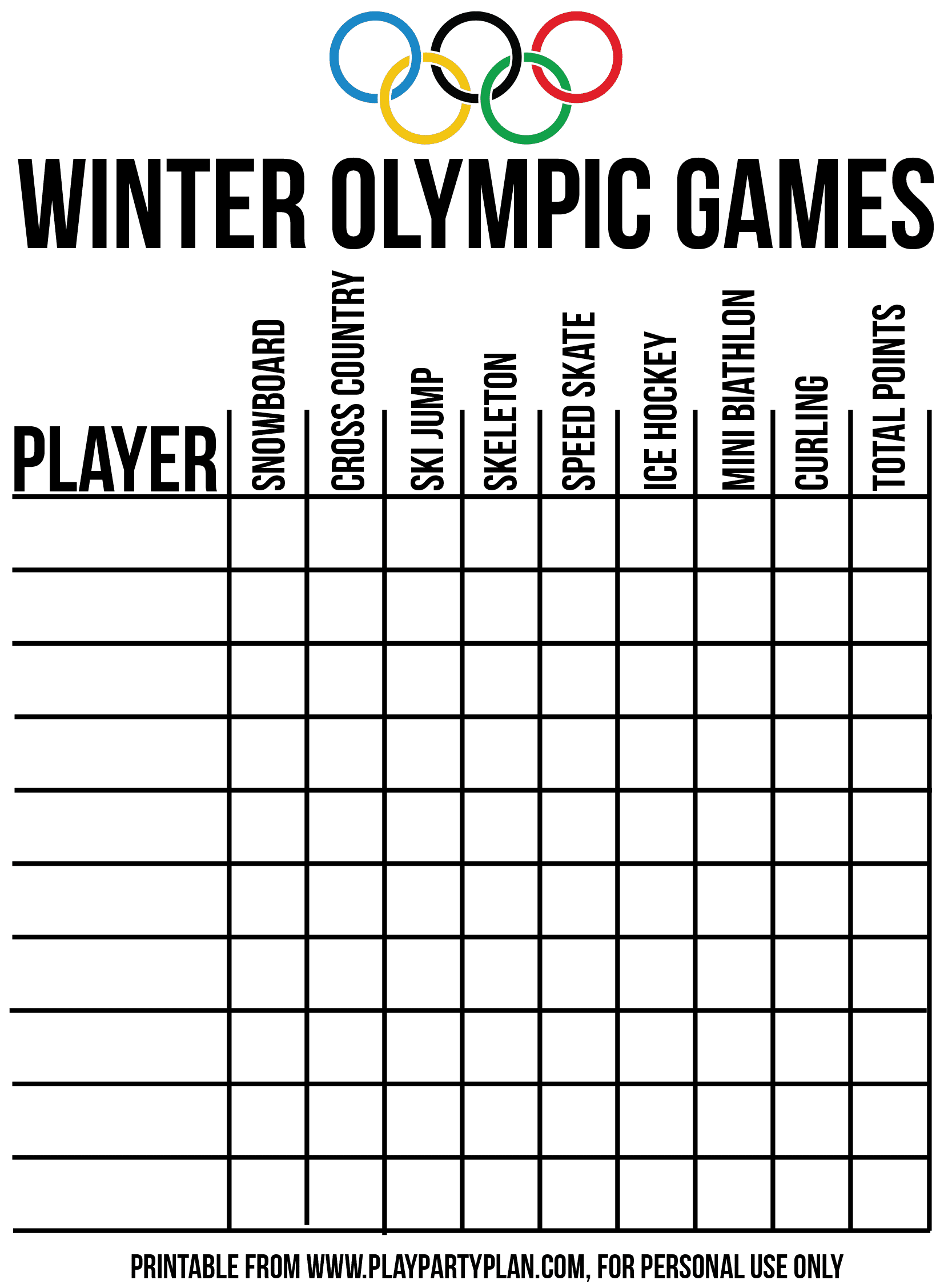 Great Olympic themed party scorecard for games