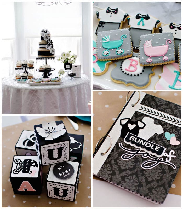 Collage of photos showing off a coco chanel inspired girl baby shower