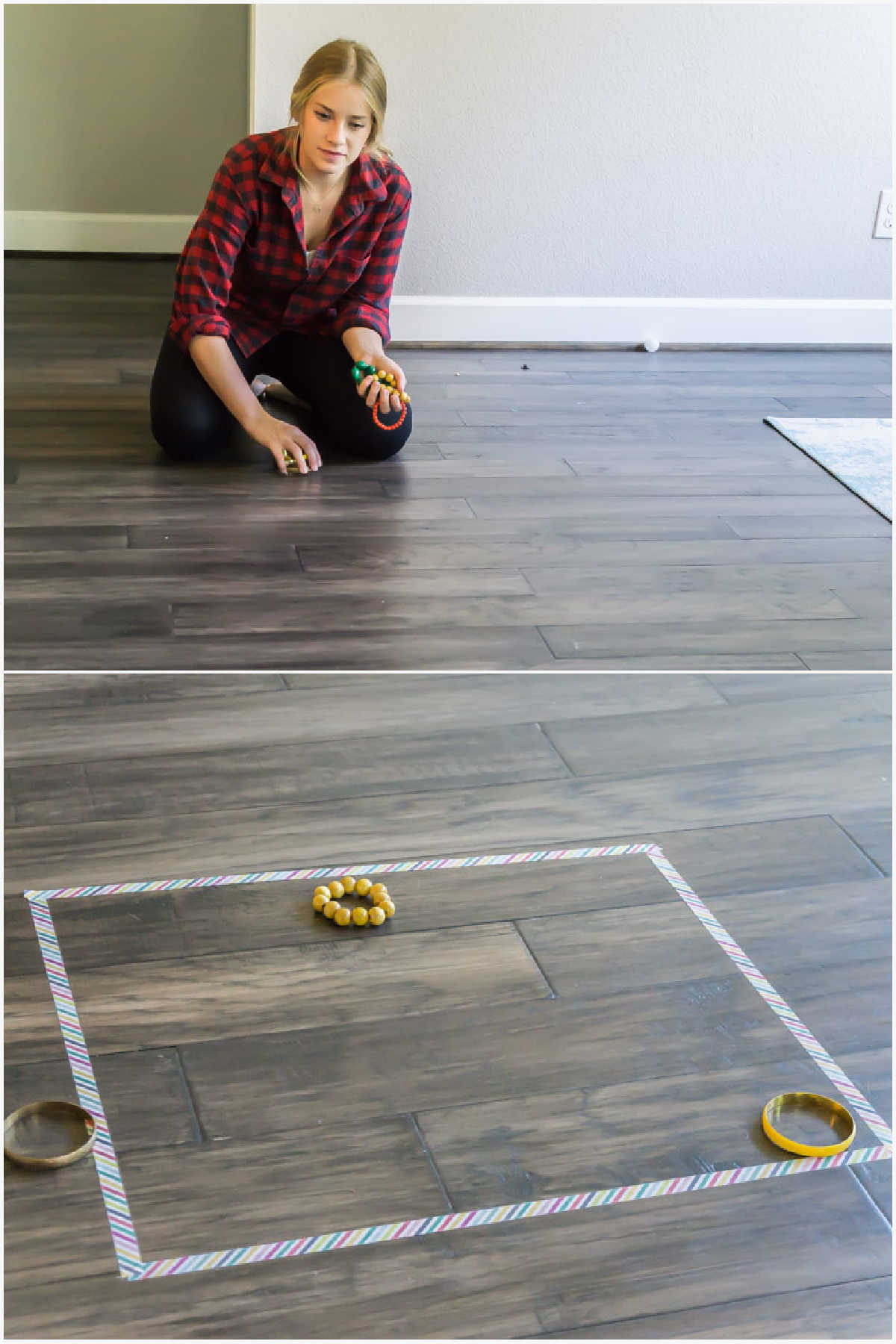 girl sliding bracelets into a square of tape