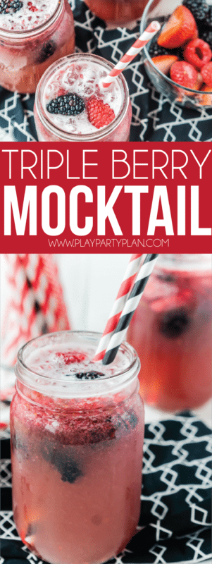 A non alcoholic triple berry mocktail recipe that's perfect for pregnancy, for teens, or for the summer! Easy to make and a delicious recipe for your next party!