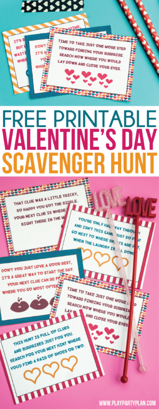 This Valentine’s Day scavenger hunt for kids is perfect for activities for kids in preschool or even elementary school! Simply print out the printable cards, hides with treats, or other Valentine’s Day surprises, and you have one of the best Valentine’s Day games ever! Perfect for a party at home or even just for happy kids!