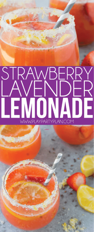 The best strawberry lavender lemonade recipe - great for fans of lavender lemonade or just regular strawberry lemonade! Perfect for baby showers, bridal showers, and any party!