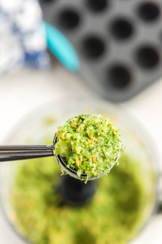 A scoop of broccoli bites mixture
