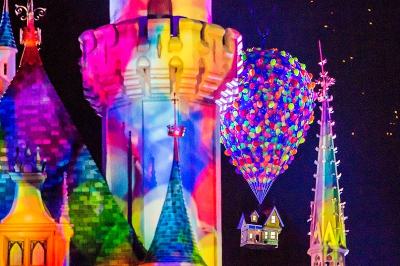 Up balloon projection during Pixar Fest fireworks