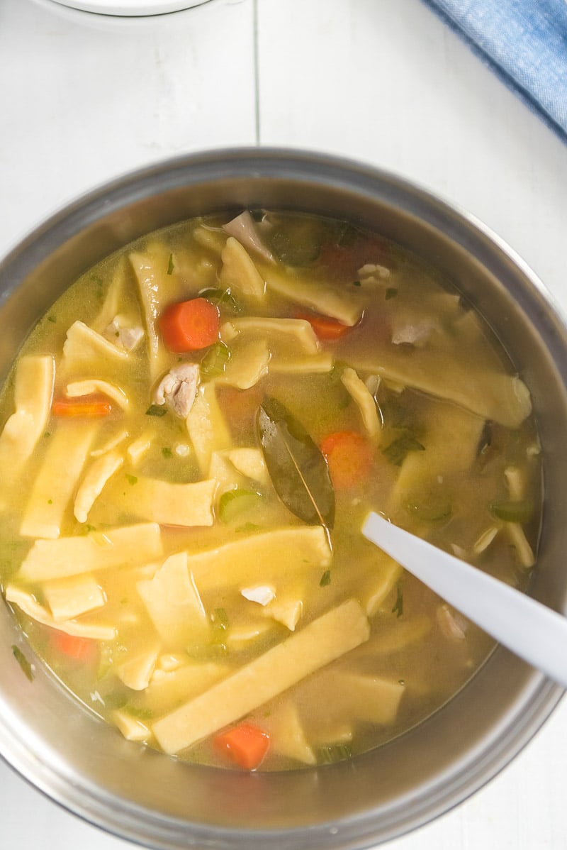 Bowl of chicken noodle soup with egg noodles