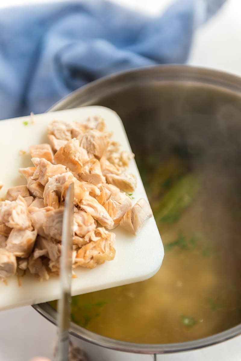 Adding chicken to chicken noodle soup with egg noodles