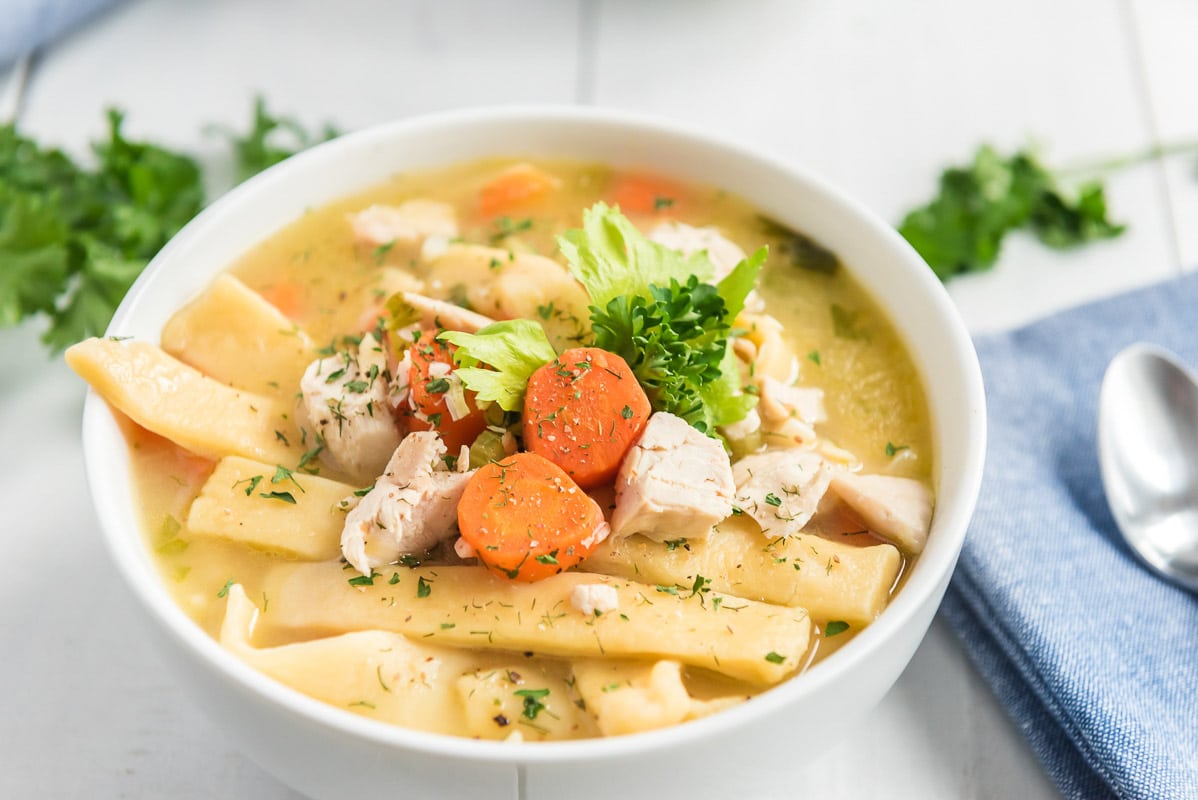 Bowl of homemade chicken noodle soup with egg noodles