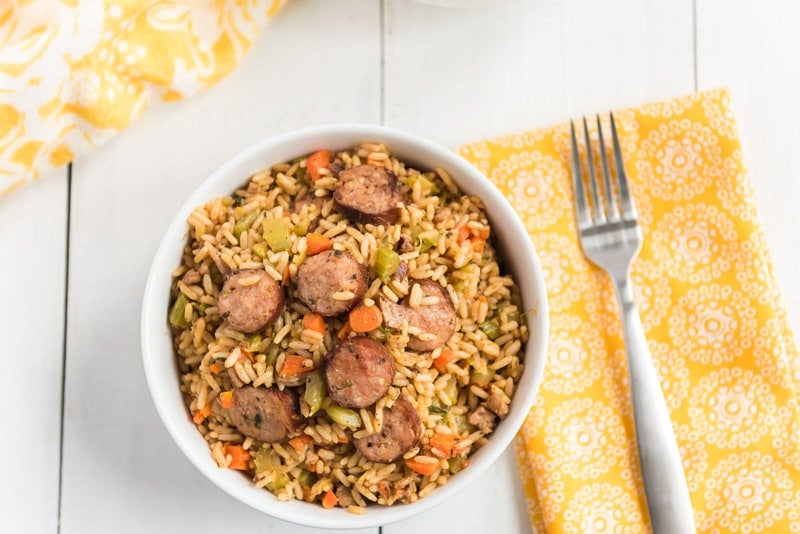 Bowl of smoked sausage jambalaya