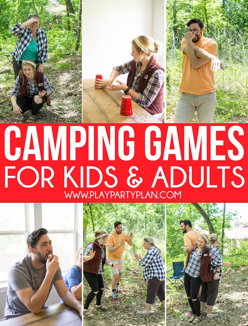 Fun camp games for adults, for teens, and even for kids! Great games to play indoor, outdoor, or around the nighttime campfires! And best of all, many of these can be played with no equipment at all! They’re perfect for summer camp, family reunions, or group parties. 