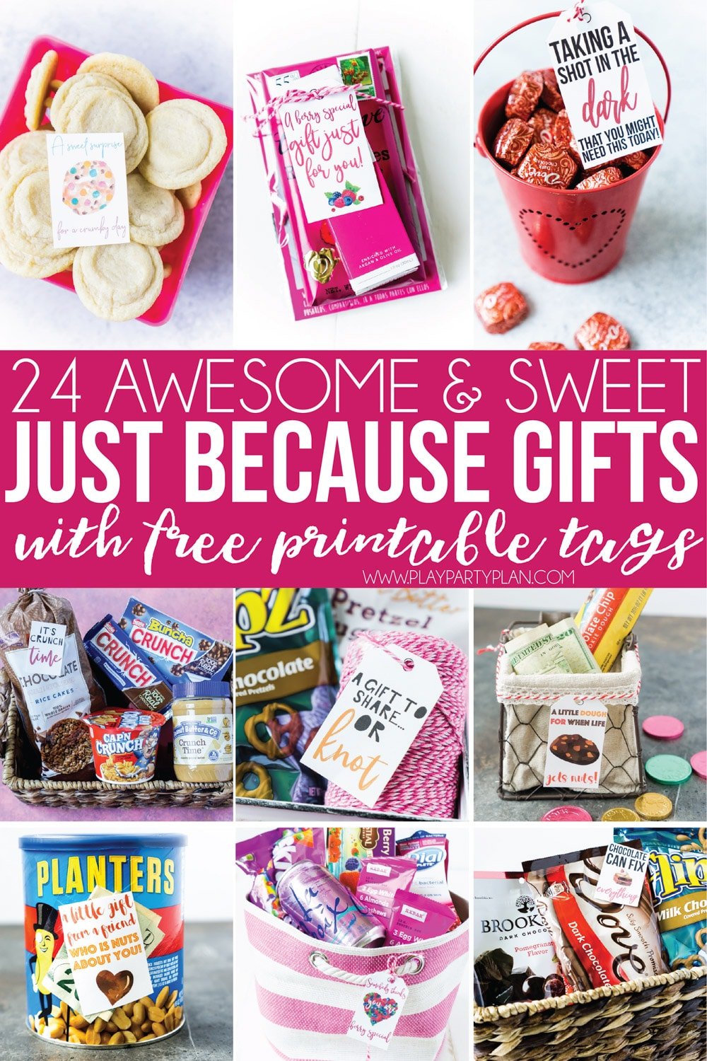 24 awesome gift basket ideas for women, for men, and even for kids! Free printable gift tags to help you DIY these themed gift ideas! Just because no occasion gift ideas and free printable gift tags